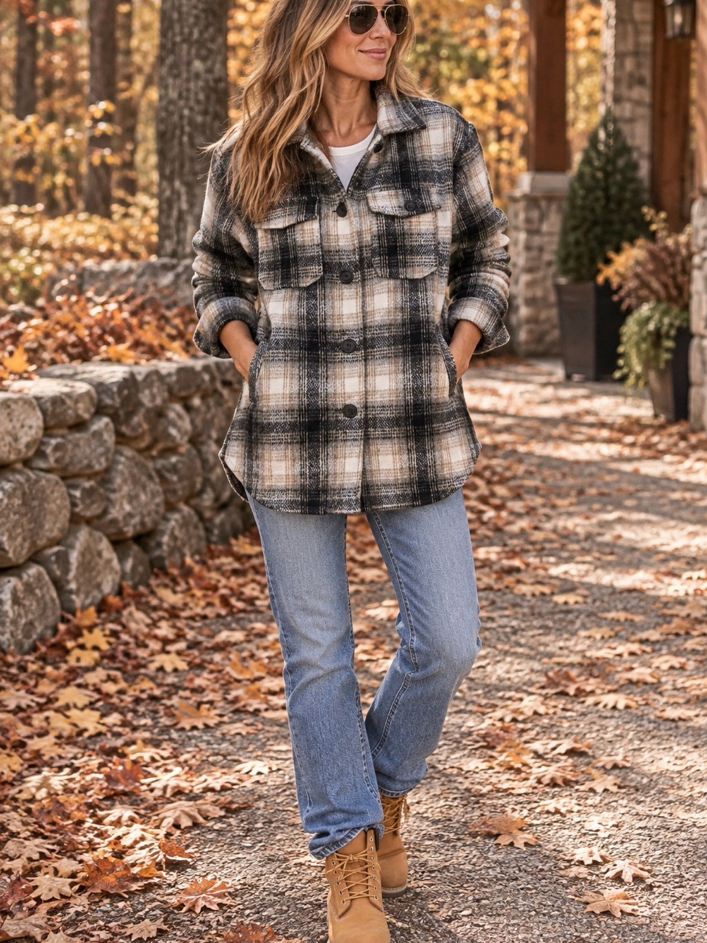 Sebby Black, Cream & Tan Plaid Utility Shacket
